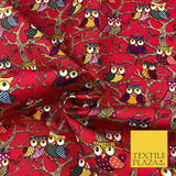 Cherry Red Tree Owls 100% COTTON CANVAS Print Fabric Craft Upholstery 1402