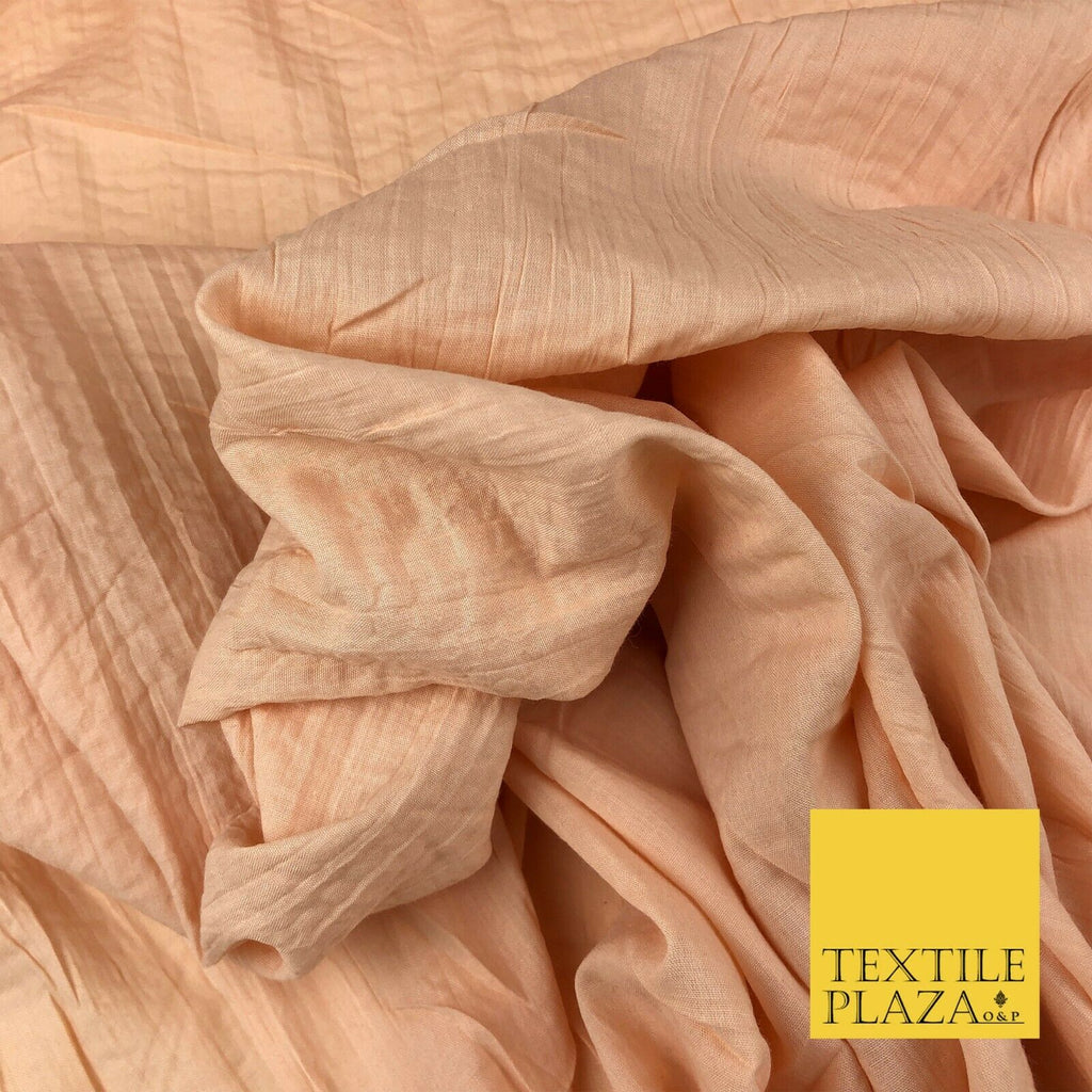 PEACH Creased Crinkle Cotton Fabric Material - Crushed Craft Dress 55" 1269