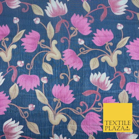 NAVY BLUE Floral Lotus Premium Printed Sheen Georgette Dress Fabric Drape 1669