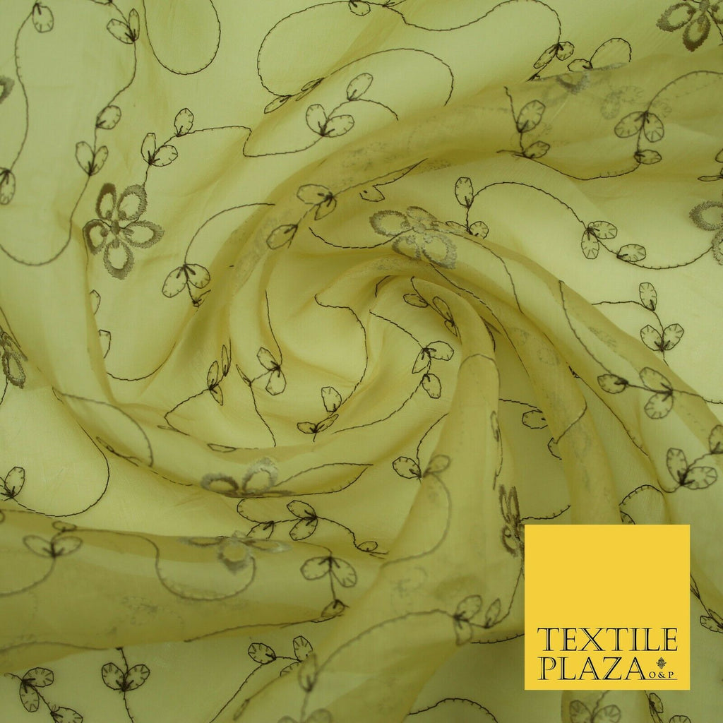 Gold Tonal Floral Flowing Lines Flower Embroidered Organza Dress Fabric 2815