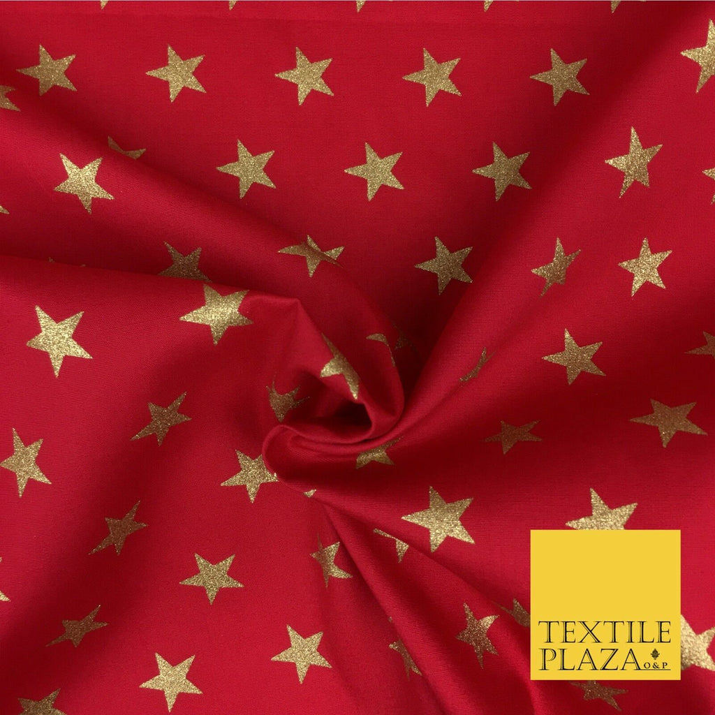 RED Large Metallic Glitter Gold Stars Fabric -100% Cotton-Christmas Festive RF44