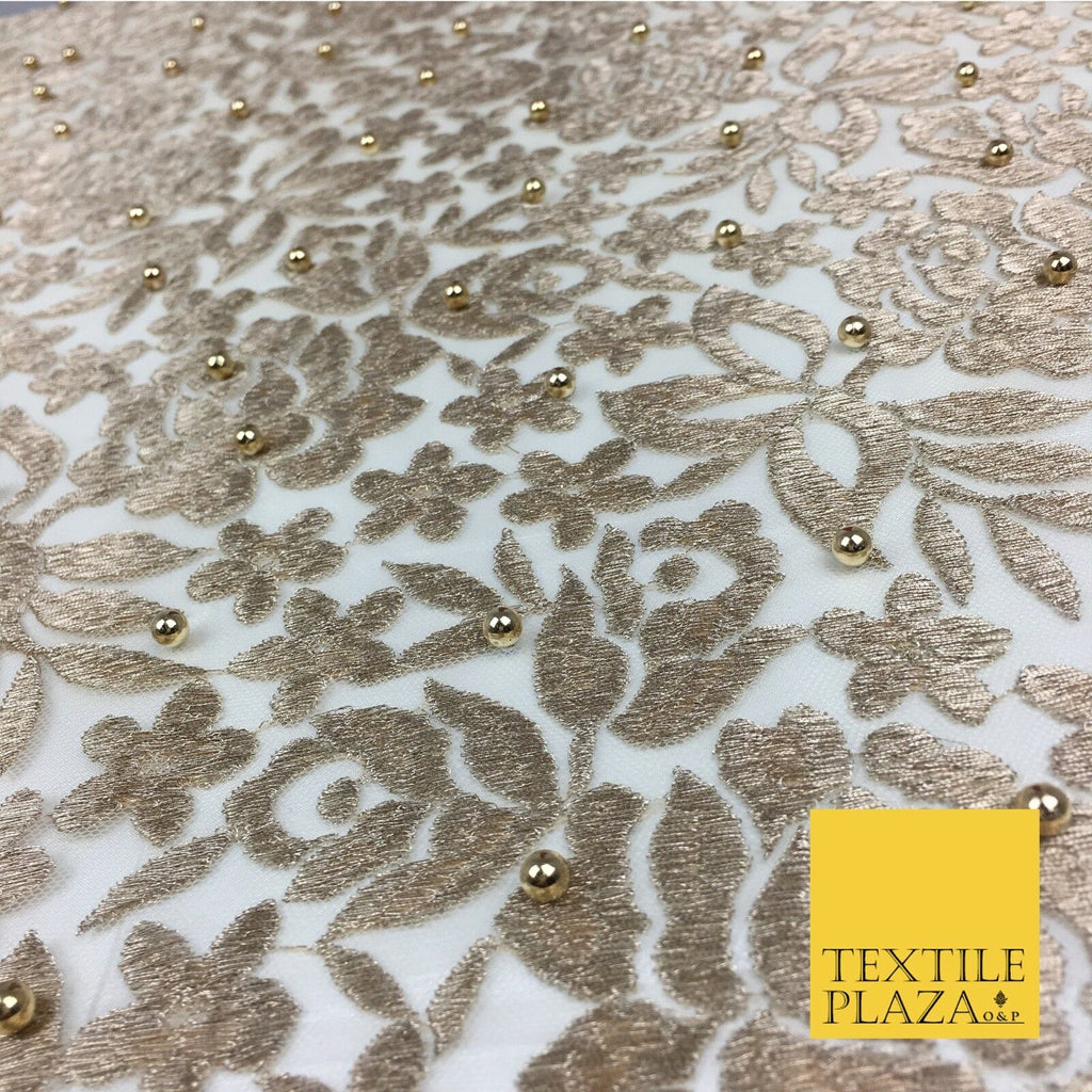 GOLD Embroidered Flower Net Gold Pearl Beads Fabric Bridal Wedding Fashion 2315