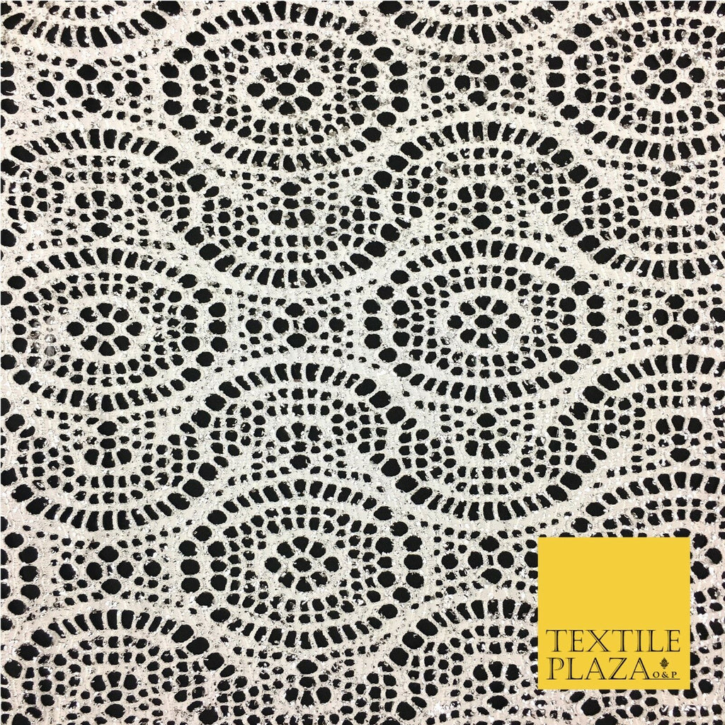 WHITE with Silver Foil Stretch Lace - Party Fabric Dress Fashion Material - 2313