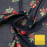 NAVY BLUE Floral Petunia Premium Printed Sheen Georgette Dress Fabric Drape 1667