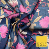 NAVY BLUE Floral Lotus Premium Printed Sheen Georgette Dress Fabric Drape 1669