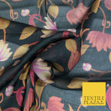 BLACK Floral Lotus Premium Printed Sheen Georgette Dress Fabric Drape 1670