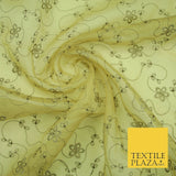 Gold Tonal Floral Flowing Lines Flower Embroidered Organza Dress Fabric 2815