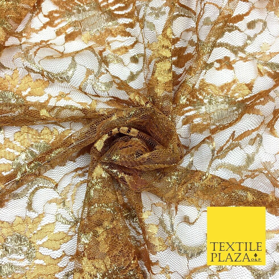 DARK GOLD MUSTARD Floral Metallic Shimmer Lurex Lace Fabric Dress - 58" - GF848