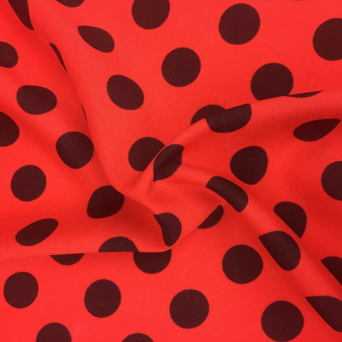 Red with Large Black Polka Dot Spotted Spot Bi-Stretch Fabric 58" Minnie RC82