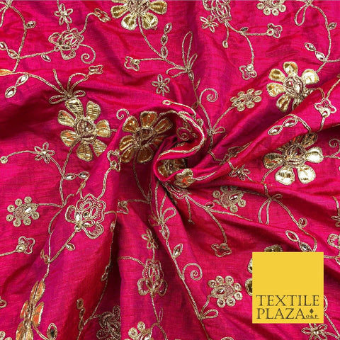 Cerise Pink Luxury Two Tone Faux Silk Gold Dori Embroidery Fabric 4Colours JA293