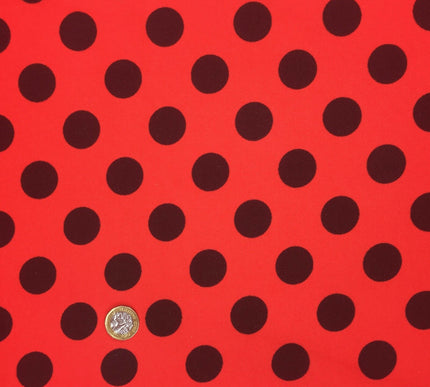 Red with Large Black Polka Dot Spotted Spot Bi-Stretch Fabric 58" Minnie RC82
