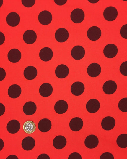 Red with Large Black Polka Dot Spotted Spot Bi-Stretch Fabric 58" Minnie RC82