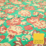 Sea Green Peach Flower Printed 100% PURE Dupion Raw Silk Handloom Fabric 2484
