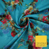 BLUE Floral Digital Print Pink Flowers Faux Raw Silk Fabric Dress Craft 2423