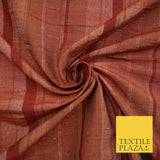 Brick Red - Terracotta Check Stripe Woven 100% PURE Dupion Raw Silk Fabric 2486