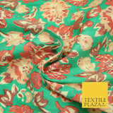 Sea Green Peach Flower Printed 100% PURE Dupion Raw Silk Handloom Fabric 2484