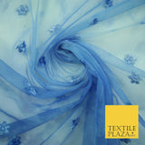Cloudy Blue Mini Flower Embroidered Scalloped Tie Dye Mesh Net Dress Fabric 2760