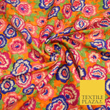 Orange Purple Flower Printed 100% PURE Dupion Raw Silk Fabric Slub Handloom 2482