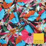 Black Multicolour Flower Funky Abstract Printed PURE Dupion Raw Silk Fabric 2483