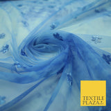Cloudy Blue Mini Flower Embroidered Scalloped Tie Dye Mesh Net Dress Fabric 2760