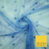 Cloudy Blue Mini Flower Embroidered Scalloped Tie Dye Mesh Net Dress Fabric 2760
