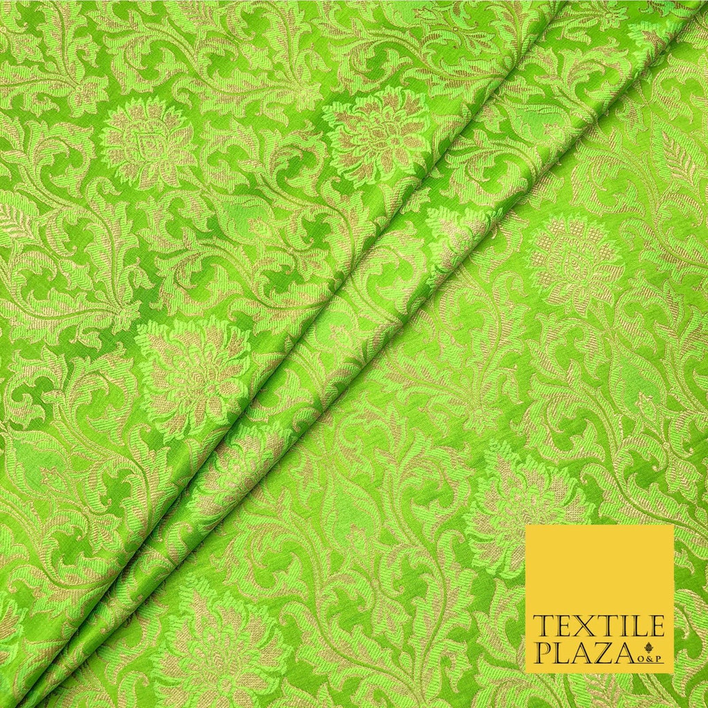 Luxury Apple Green Indian Ornamental Brocade Banarsi Metallic Faux Silk - LC407