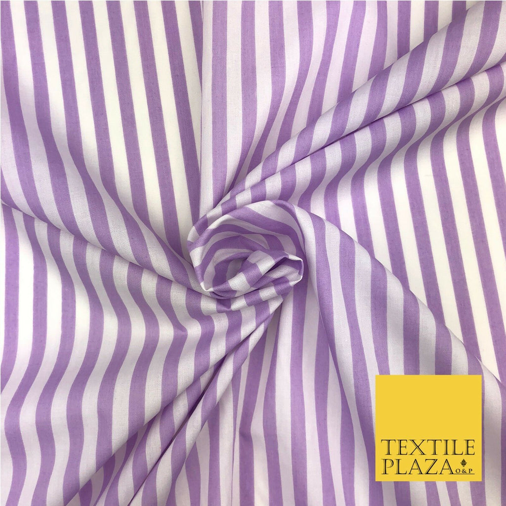 7mm Lilac & White Stripe Poly Cotton Fabric Lines Dress Craft  - RB558
