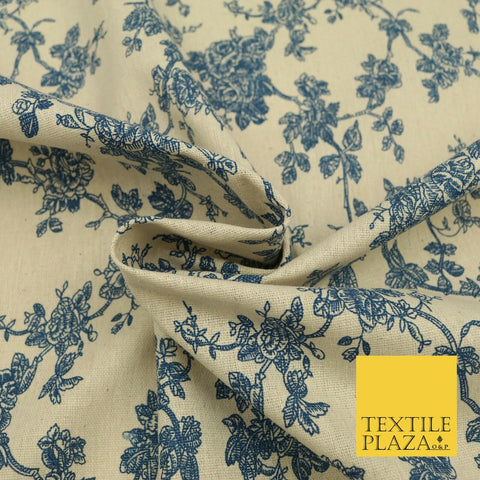 Blue Cream Floral POLYCOTTON CANVAS Dress Fabric Craft Bags 60" Wide 1645