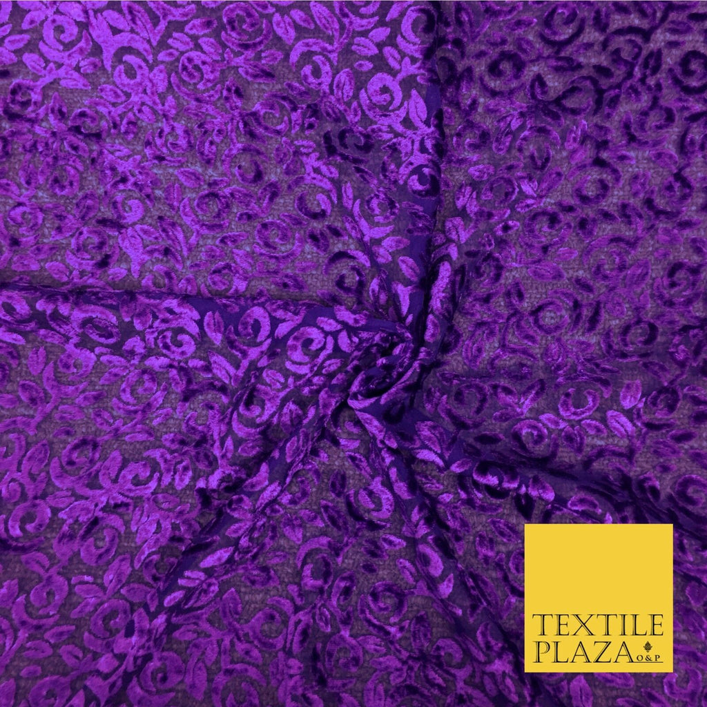 Purple Velvet Devore Floral Burnout Fabric Material - 45" - More Colours - PE157