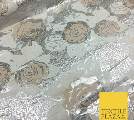 IVORY SILVER Luxury Floral Metallic Rose Brocade Dress Fabric Fancy 1372