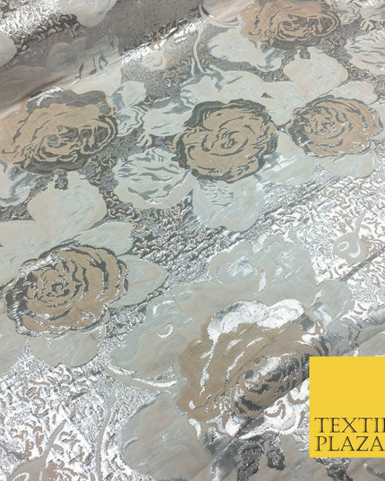IVORY SILVER Luxury Floral Metallic Rose Brocade Dress Fabric Fancy 1372