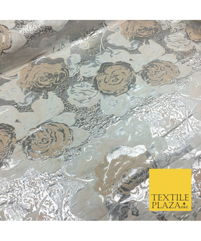 IVORY SILVER Luxury Floral Metallic Rose Brocade Dress Fabric Fancy 1372