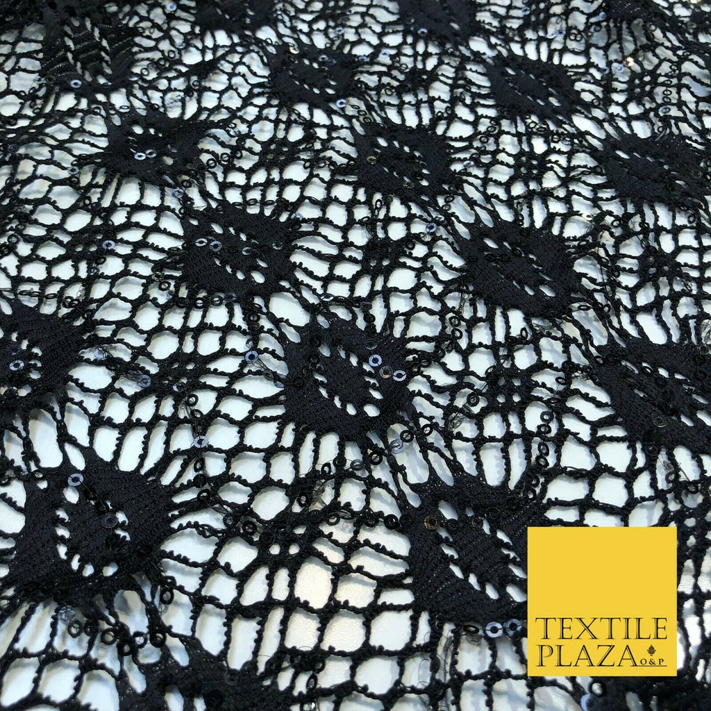 BLACK Webbed Sequin Lace Dress Fabric Fancy Craft Dance Sparkle 1239