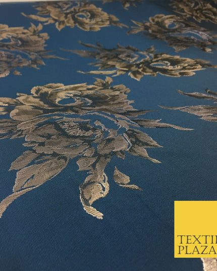 Luxury MIDNIGHT BLUE Large Floral Metallic Jacquard Fabric Waistcoats 58" 1357