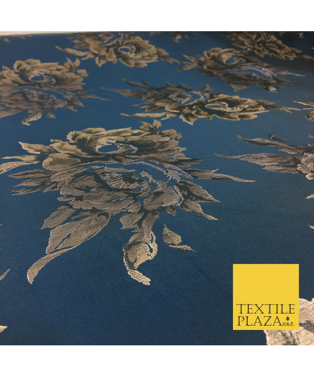 Luxury MIDNIGHT BLUE Large Floral Metallic Jacquard Fabric Waistcoats 58" 1357