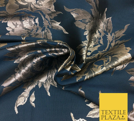 Luxury MIDNIGHT BLUE Large Floral Metallic Jacquard Fabric Waistcoats 58" 1357