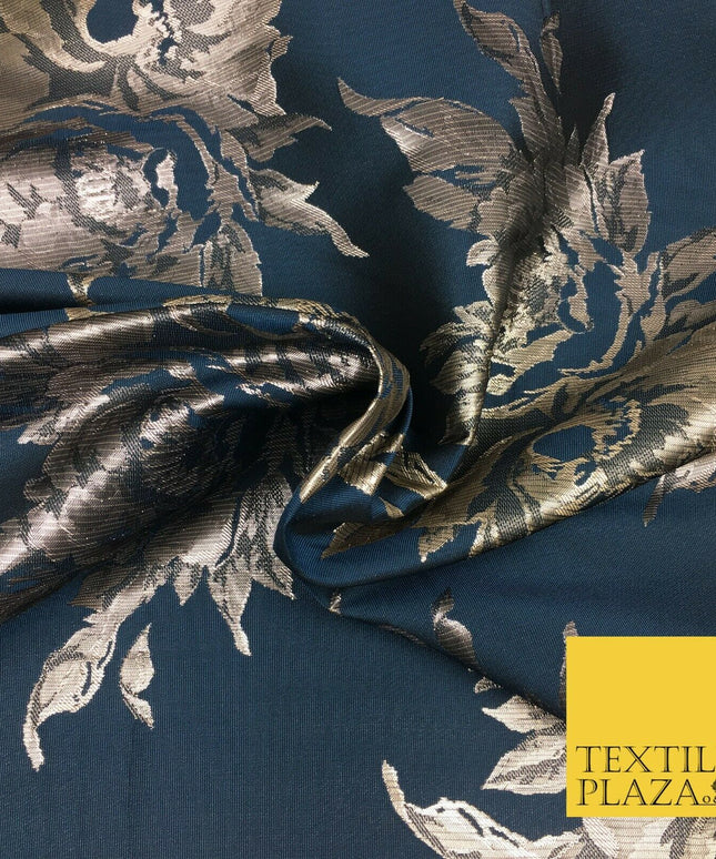 Luxury MIDNIGHT BLUE Large Floral Metallic Jacquard Fabric Waistcoats 58" 1357