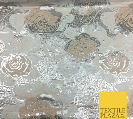 IVORY SILVER Luxury Floral Metallic Rose Brocade Dress Fabric Fancy 1372