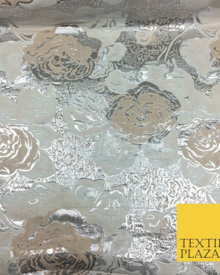 IVORY SILVER Luxury Floral Metallic Rose Brocade Dress Fabric Fancy 1372