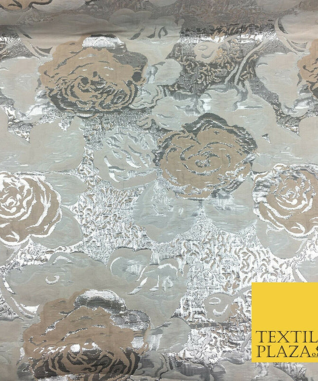 IVORY SILVER Luxury Floral Metallic Rose Brocade Dress Fabric Fancy 1372