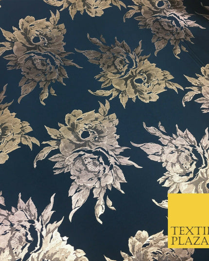 Luxury MIDNIGHT BLUE Large Floral Metallic Jacquard Fabric Waistcoats 58" 1357