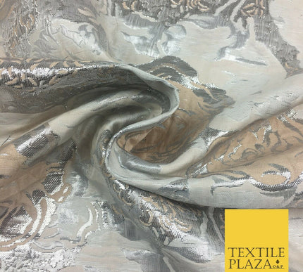IVORY SILVER Luxury Floral Metallic Rose Brocade Dress Fabric Fancy 1372