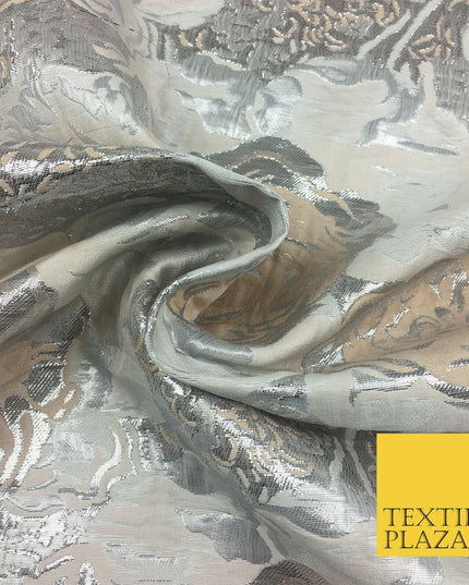 IVORY SILVER Luxury Floral Metallic Rose Brocade Dress Fabric Fancy 1372