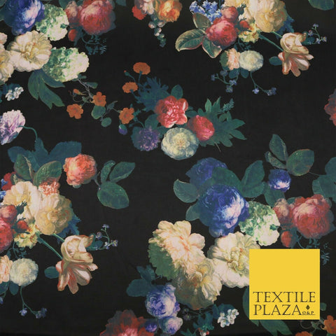 Black High Quality Floral Artsy Print Scuba Fabric Stretch Jersey 65" 1624