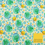 White Aliens Planets Stars Winceyette Soft Brushed Cotton Print Fabric Kids 1580
