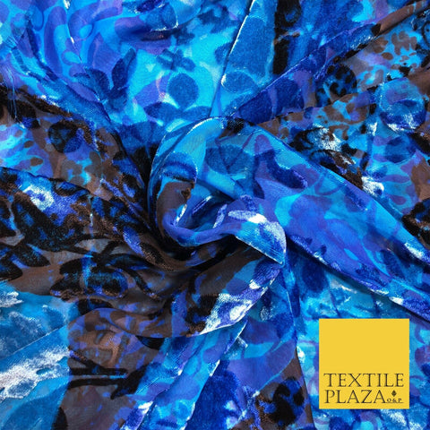 Blue & Black Velvet Devore Floral Silk Burnout Brasso Fabric - 45" PE961