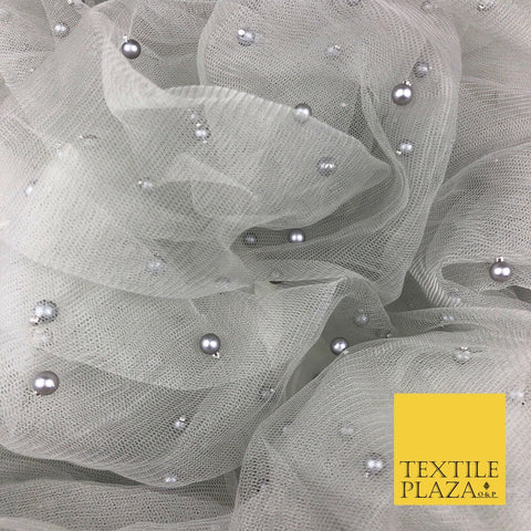 LIGHT GREY Studded Pearl Mesh Net Fabric Bridal Soft Drape Sheer Craft Dress 939