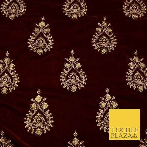 MAROON WINE Ornamental Teardrop Cluster Embroidered Velvet Dress Fabric 1770