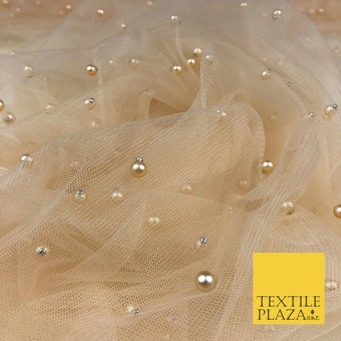 GOLD Studded Pearl Mesh Net Fabric Bridal Soft Drape Sheer Craft Dress 938