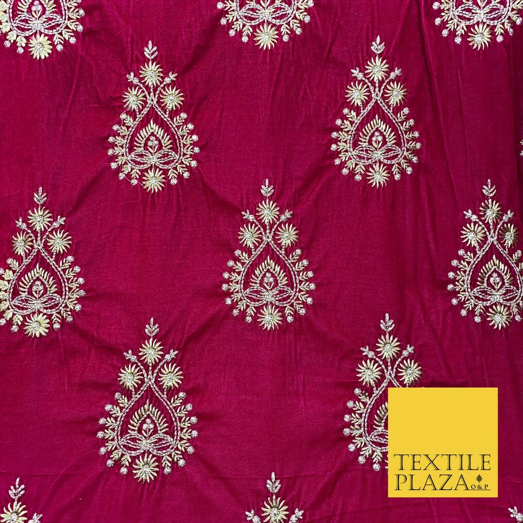 CERISE PINK Ornamental Teardrop Cluster Embroidered Velvet Dress Fabric 1772